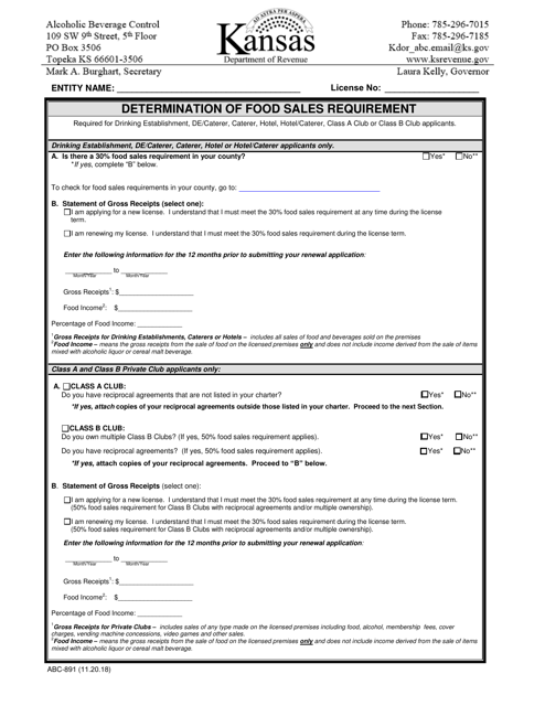 Form ABC-891 Determination of Food Sales Requirement - Kansas