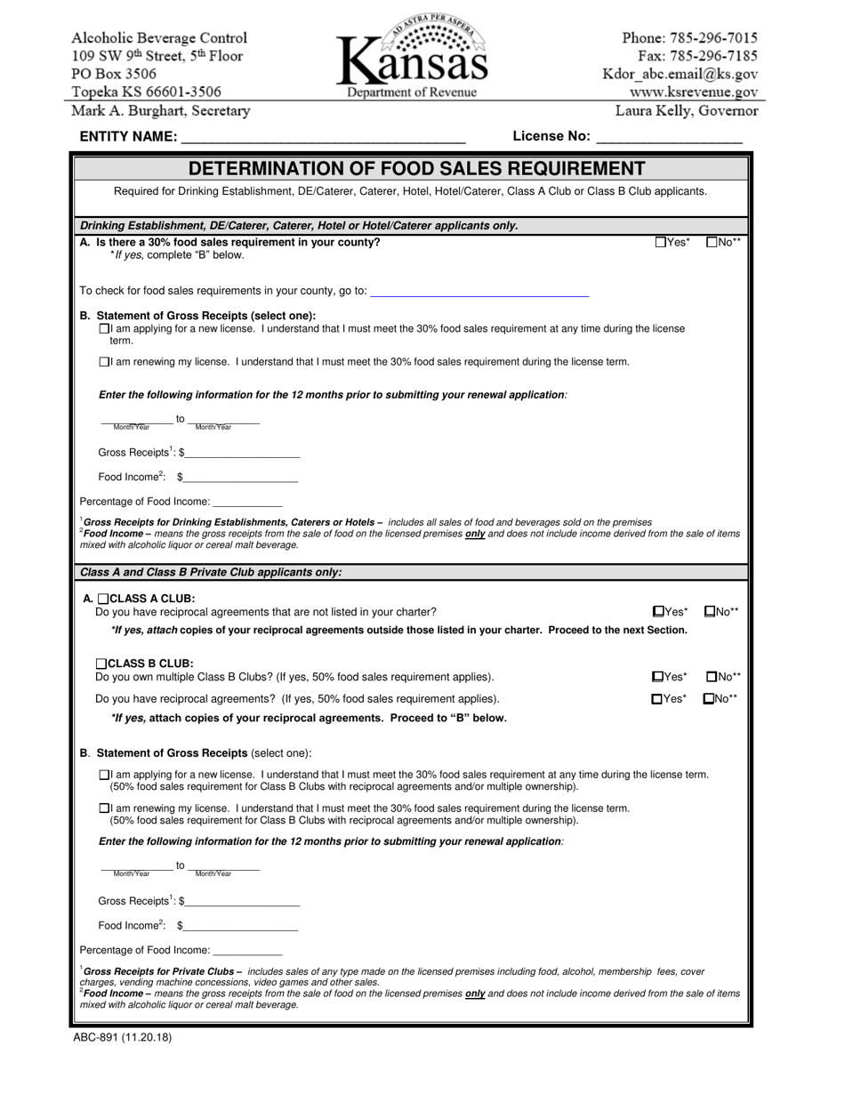 Form ABC-891 Determination of Food Sales Requirement - Kansas, Page 1
