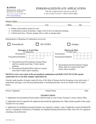 Document preview: Form TR-715PR Personalized Plate Application - Kansas