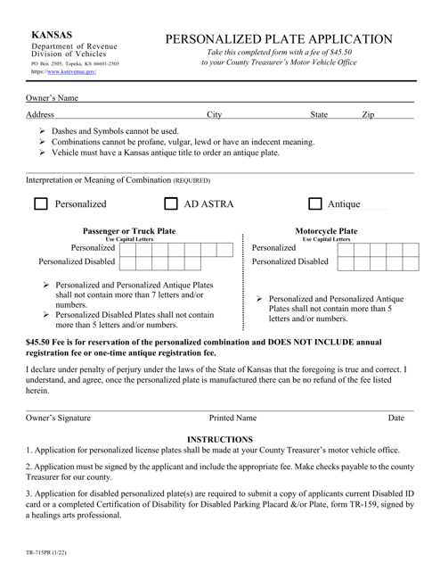 Form TR-715PR Personalized Plate Application - Kansas