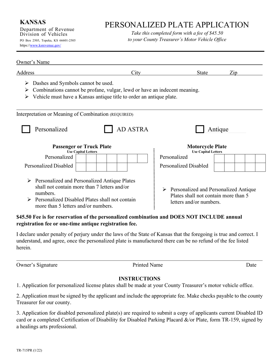 Form TR-715PR Personalized Plate Application - Kansas, Page 1