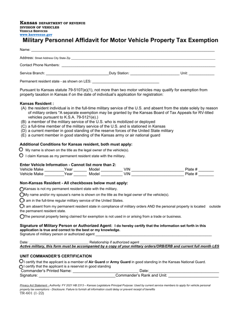 Form TR-601 Military Personnel Affidavit for Motor Vehicle Property Tax Exemption - Kansas