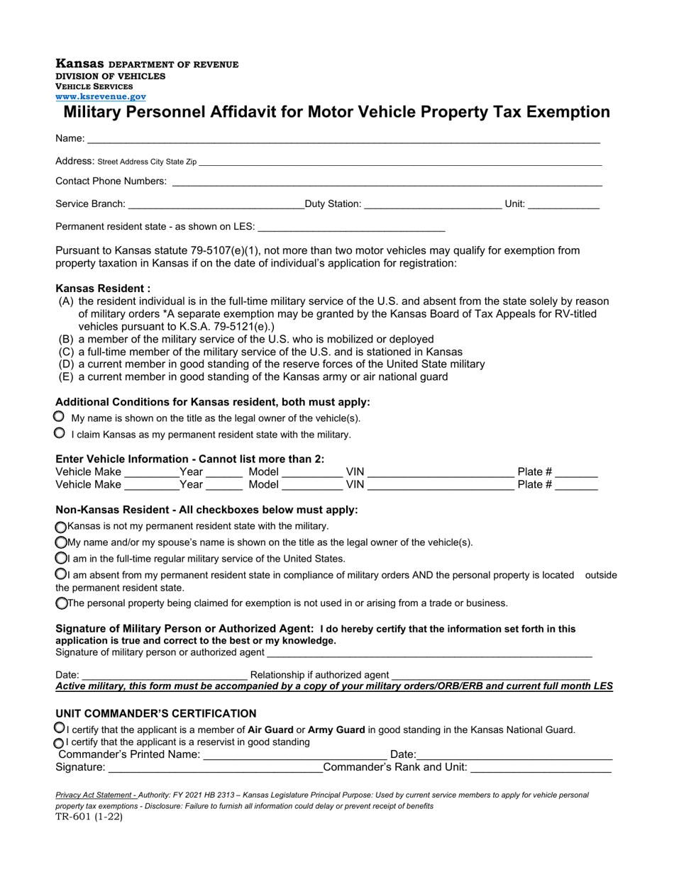 Form TR-601 Military Personnel Affidavit for Motor Vehicle Property Tax Exemption - Kansas, Page 1
