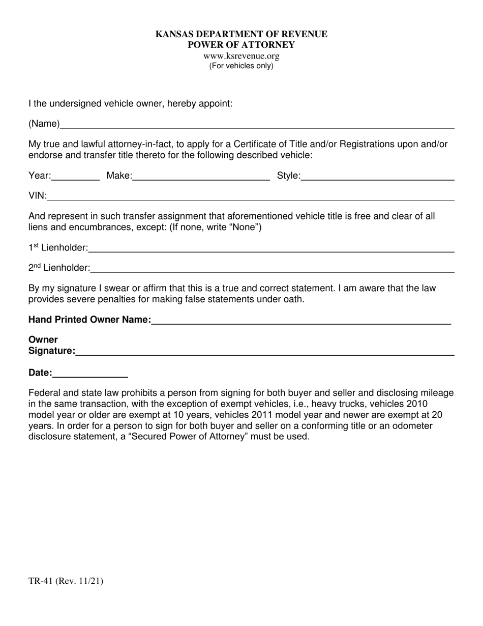 Form TR-41 Power of Attorney - Kansas, Page 1