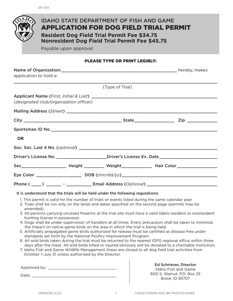 Form SP-734 Application for Dog Field Trial Permit - Idaho, Page 1