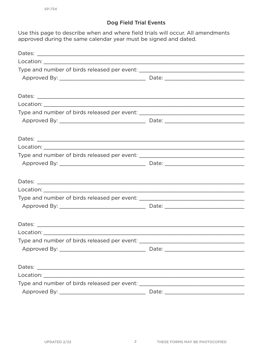 Form SP-734 Application for Dog Field Trial Permit - Idaho, Page 2