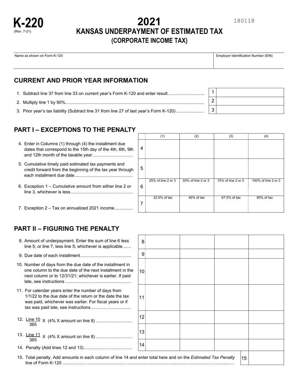 Schedule K-220 Download Fillable PDF or Fill Online Kansas Underpayment ...