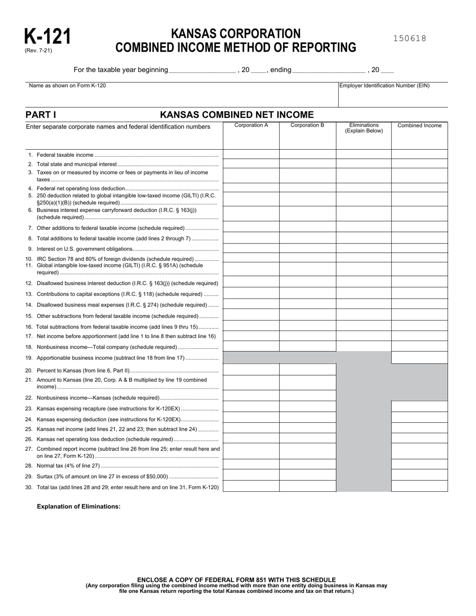 Form K-121 Kansas Corporation Combined Income Method of Reporting - Kansas, Page 1
