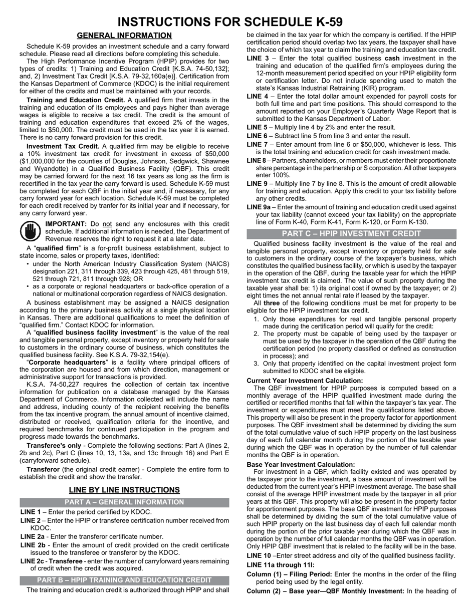 Schedule K-59 Kansas High Performance Incentive Program (Hpip) Credits - Kansas, Page 3