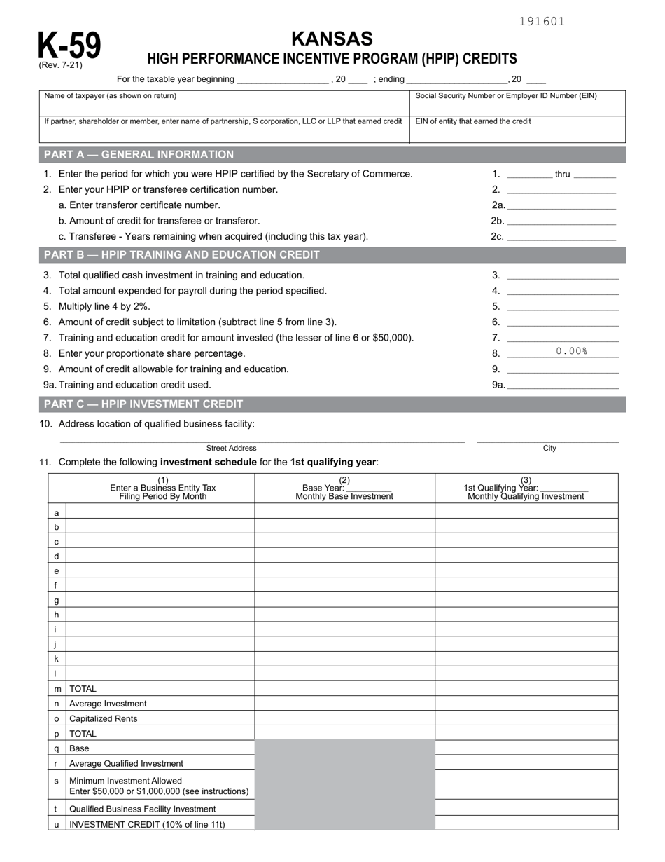 Schedule K-59 Download Fillable PDF or Fill Online Kansas High ...