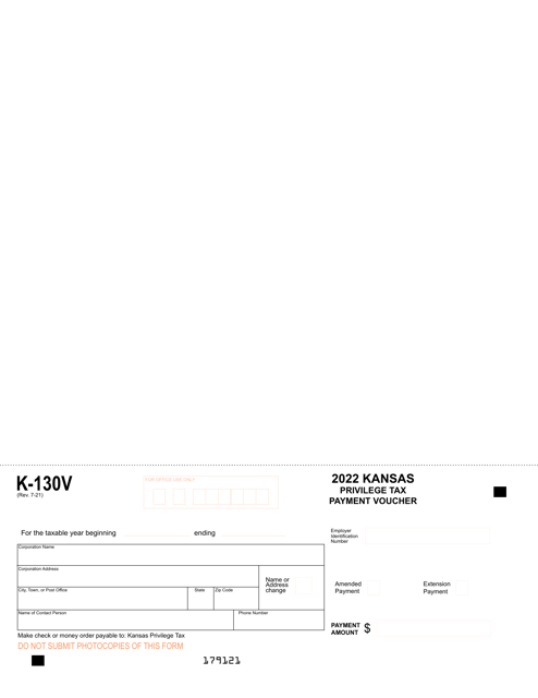 Form K-130V Privilege Tax Payment Voucher - Kansas, 2022