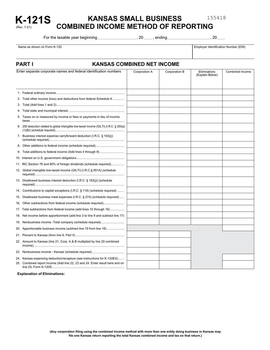 Schedule K-121S Kansas Small Business Combined Income Method of Reporting - Kansas, Page 1