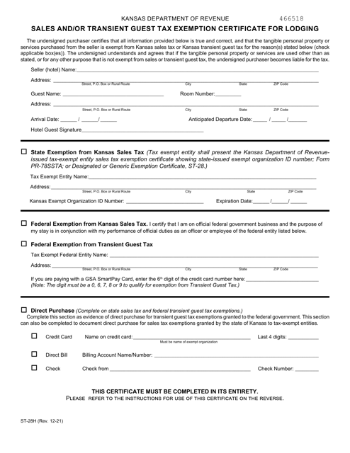 Form ST-28H Sales and/or Transient Guest Tax Exemption Certificate for Lodging - Kansas
