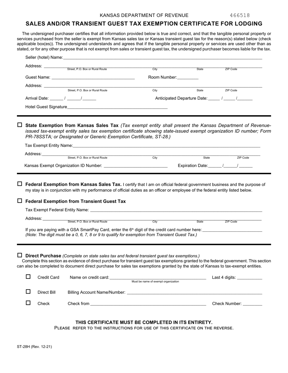 Form ST-28H Sales and / or Transient Guest Tax Exemption Certificate for Lodging - Kansas, Page 1