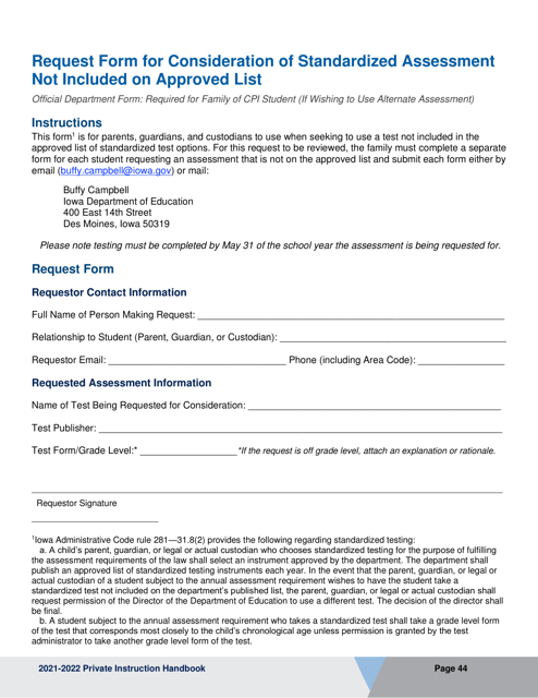 Request Form for Consideration of Standardized Assessment Not Included on Approved List - Iowa Download Pdf