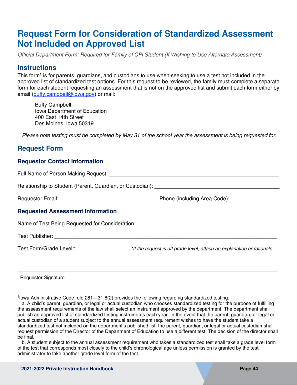 2022 Iowa Request Form for Consideration of Standardized Assessment Not