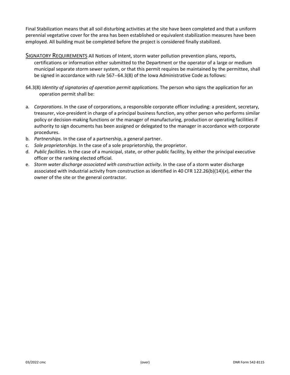 DNR Form 542-8115 Notice of Discontinuation of a Storm Water Discharge Covered Under Iowa Npdes General Permit Numbers 1, 2, or 3 - Iowa, Page 2
