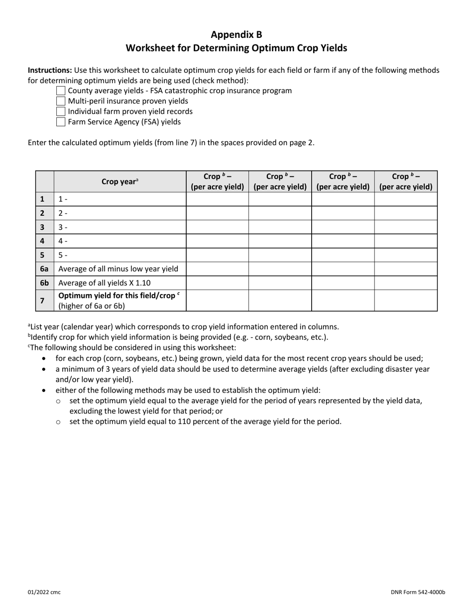 DNR Form 542-4000B Appendix B Worksheet for Determining Optimum Crop Yields - Iowa, Page 1