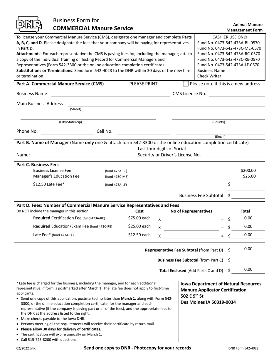 DNR Form 542-4022 Business Form for Commercial Manure Service - Iowa, Page 1