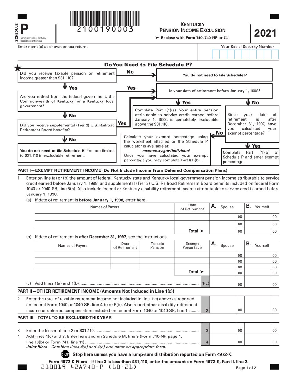 Schedule P Kentucky Pension Income Exclusion - Kentucky, Page 1