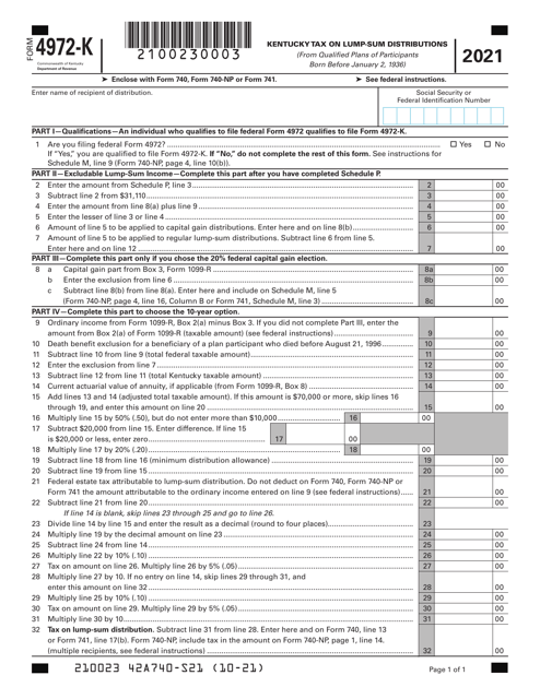 Form 4972-K Kentucky Tax on Lump-Sum Distributions - Kentucky, 2021