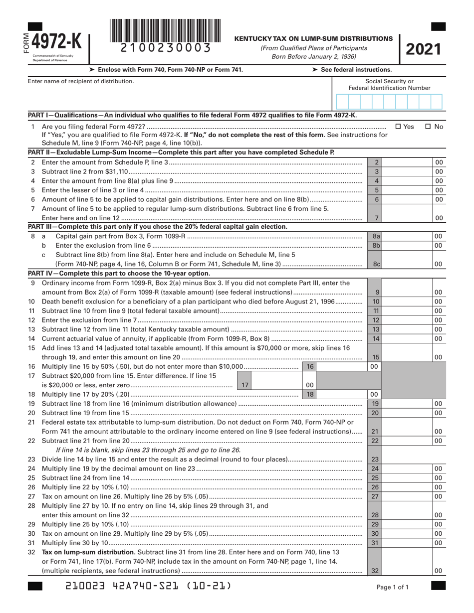 Form 4972-K Download Fillable PDF or Fill Online Kentucky Tax on Lump ...