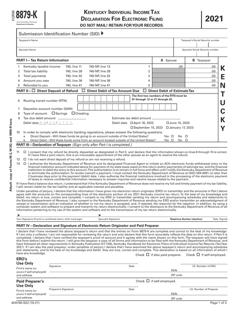 Form 8879-K Kentucky Individual Income Tax Declaration for Electronic Filing - Kentucky, 2021
