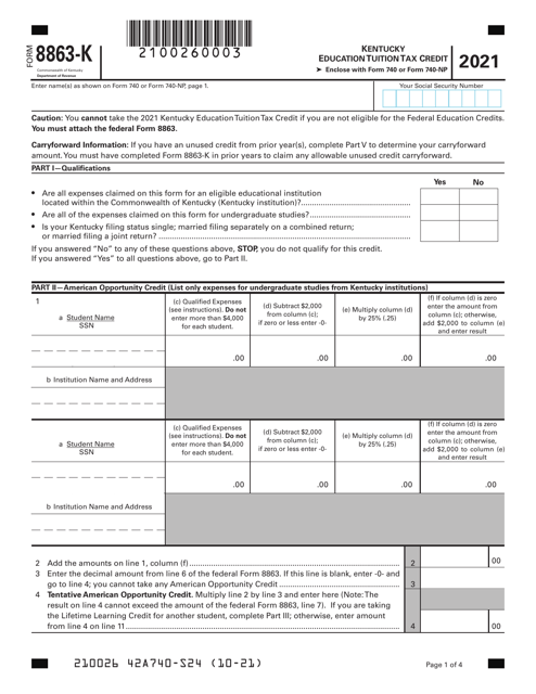 Form 8863-K Kentucky Education Tuition Tax Credit - Kentucky, 2021