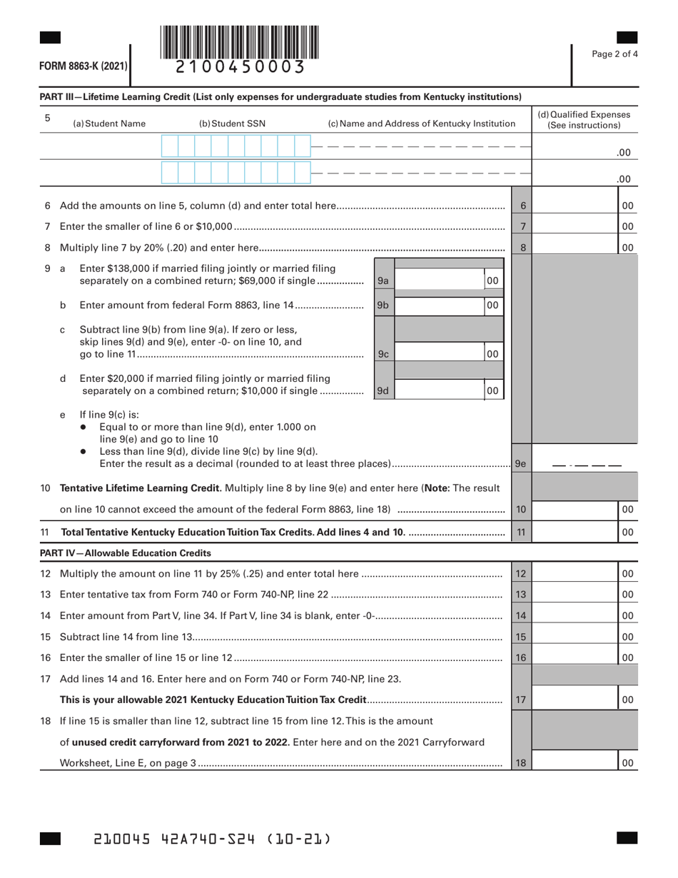 Form 8863-K Download Fillable PDF or Fill Online Kentucky Education ...