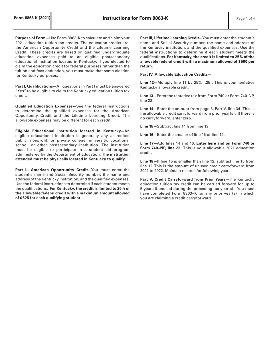 Form 8863-K Kentucky Education Tuition Tax Credit - Kentucky, Page 4
