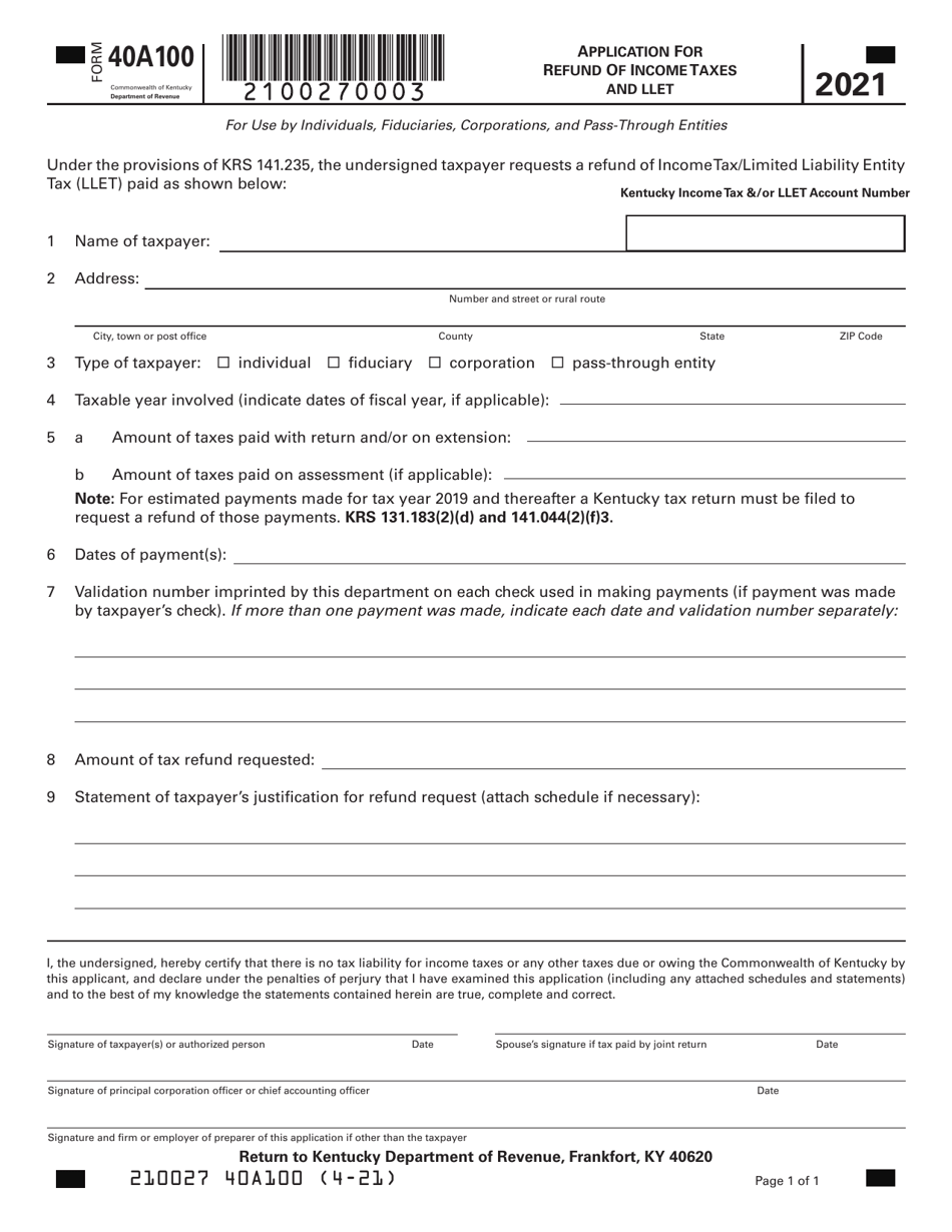 Form 40A100 2021 Fill Out, Sign Online and Download Printable PDF