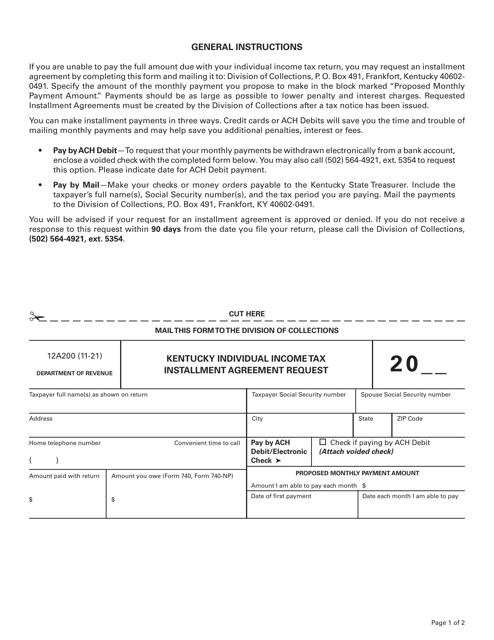 Form 12A200 Kentucky Individual Income Tax Installment Agreement Request - Kentucky