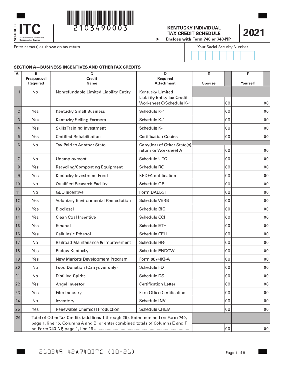 Schedule ITC Kentucky Individual Tax Credit Schedule - Kentucky, Page 1