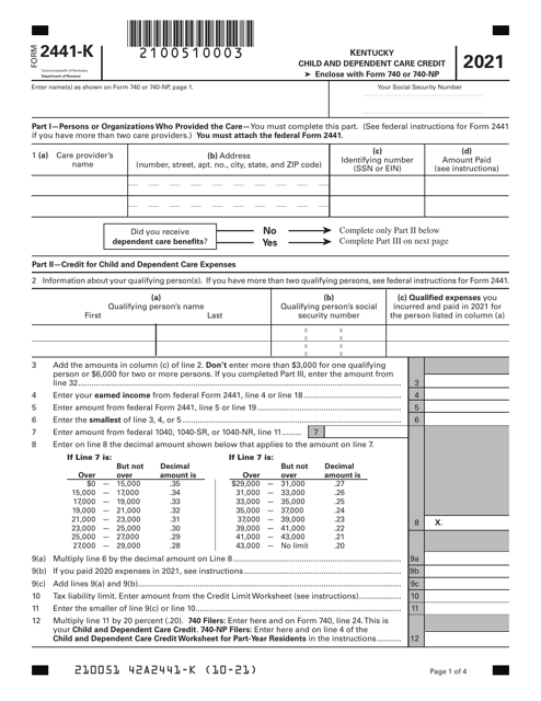 Form 2441-K Kentucky Child and Dependent Care Credit - Kentucky, 2021