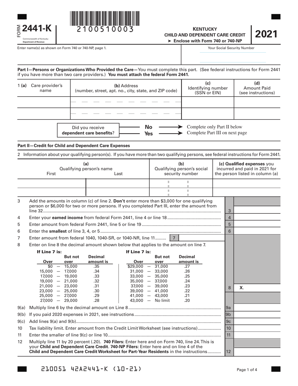 Form 2441K 2021 Fill Out, Sign Online and Download Fillable PDF