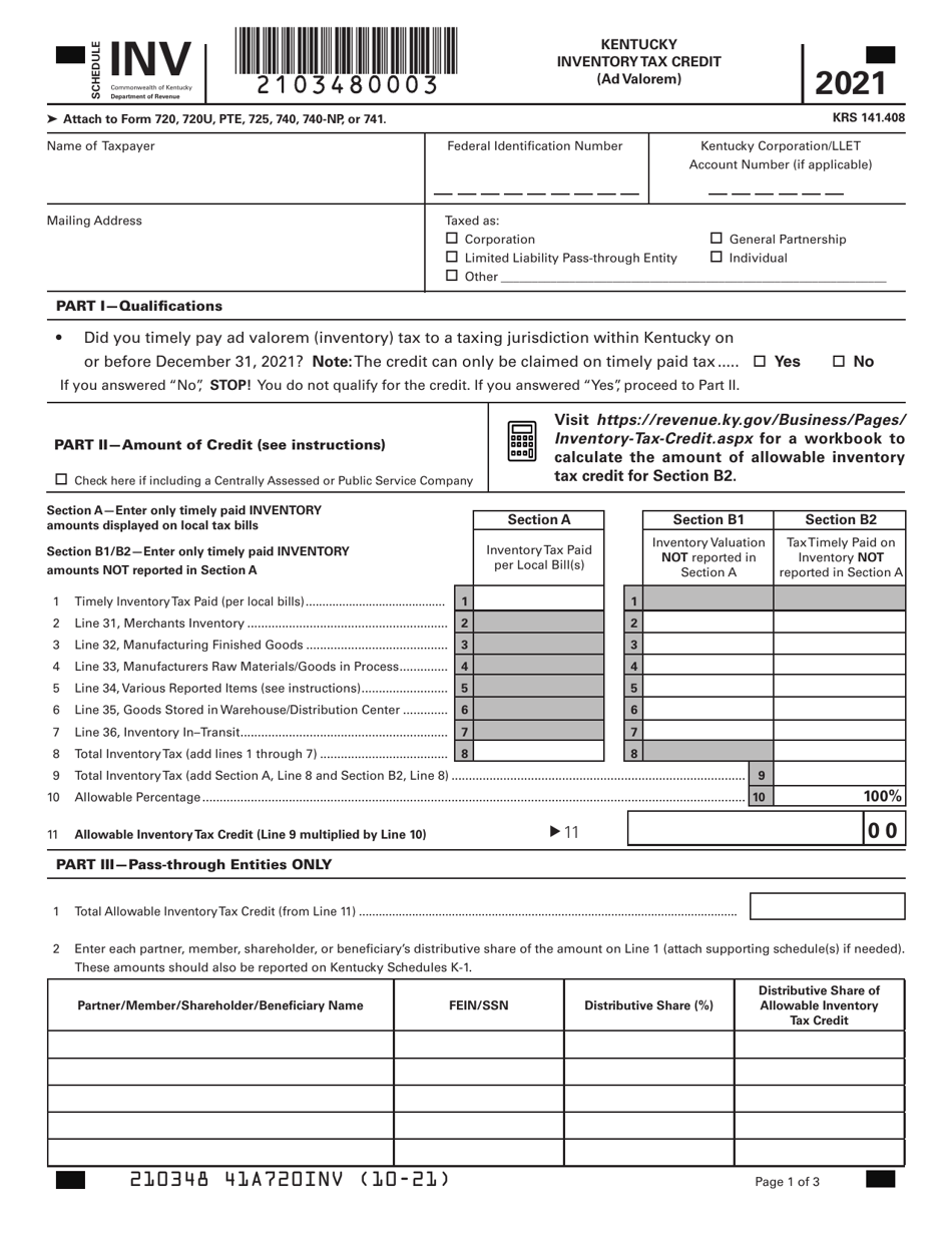 2021 Kentucky Kentucky Inventory Tax Credit (Ad Valorem) Fill Out