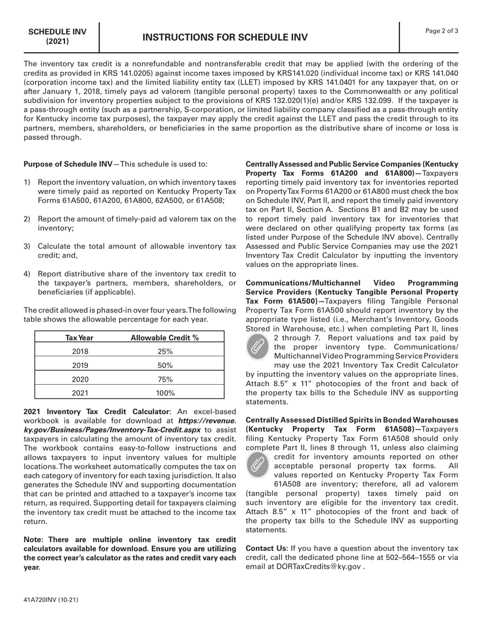 Schedule INV Kentucky Inventory Tax Credit (Ad Valorem) - Kentucky, Page 2