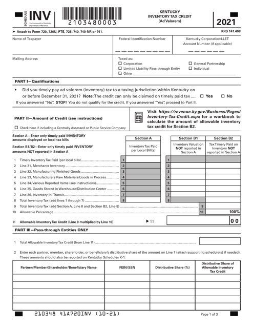 Schedule INV Kentucky Inventory Tax Credit (Ad Valorem) - Kentucky, 2021