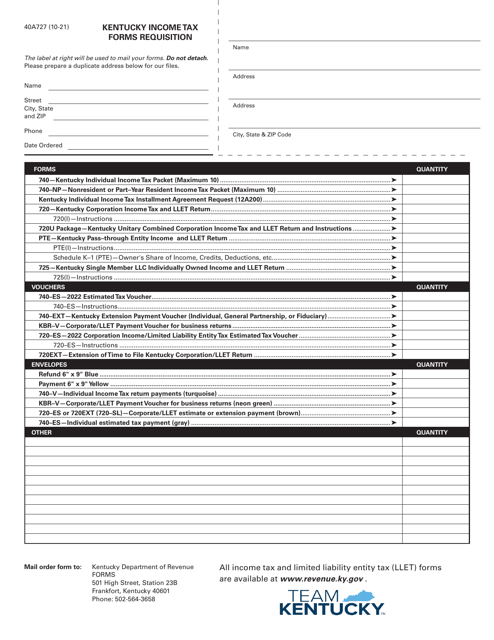 Form 40A727 Kentucky Income Tax Forms Requisition - Kentucky