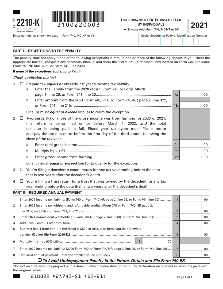 Form 2210-K Underpayment of Estimated Tax by Individuals - Kentucky, Page 1