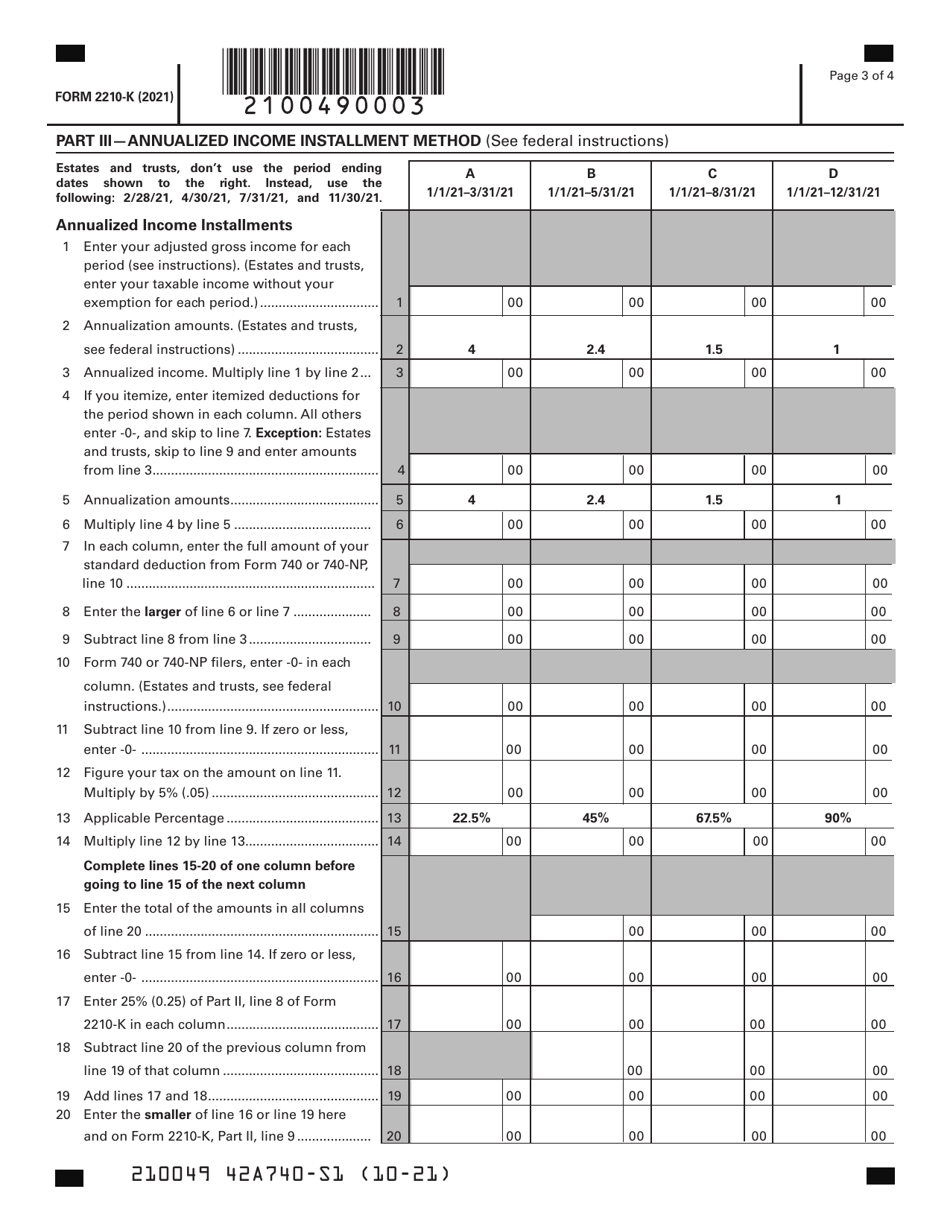 Form 2210-K Underpayment of Estimated Tax by Individuals - Kentucky, Page 3