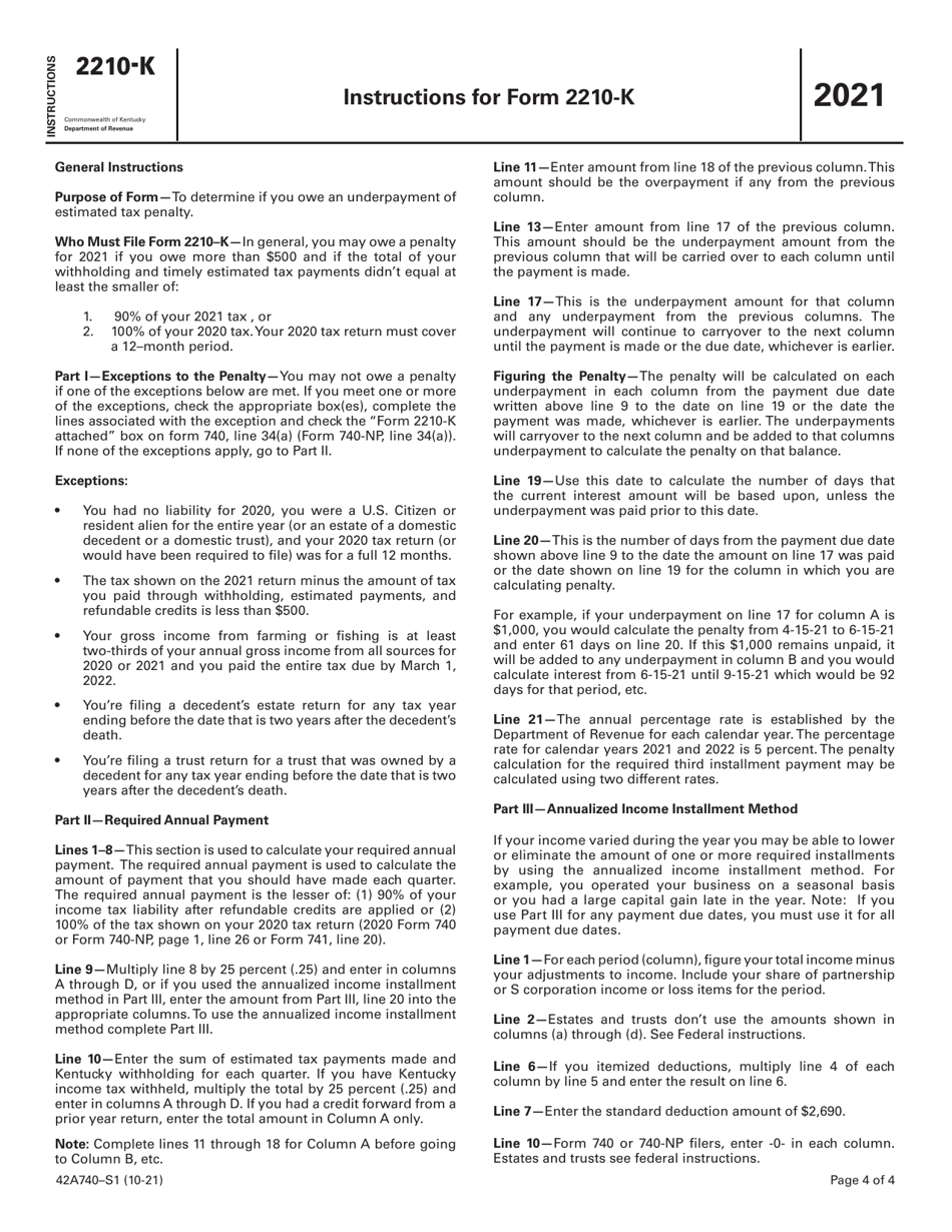 Form 2210-K Underpayment of Estimated Tax by Individuals - Kentucky, Page 4