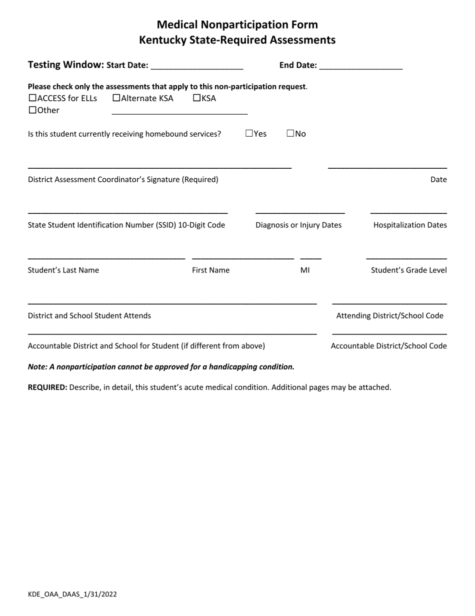 Medical Nonparticipation Form - Kentucky, Page 1