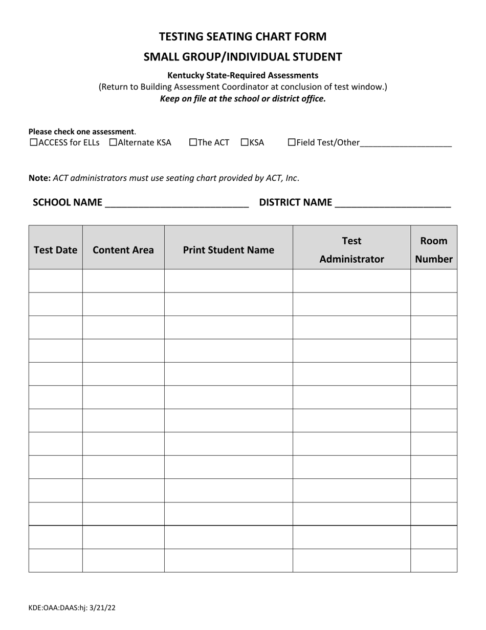 Testing Seating Chart Form - Small Group / Individual Student - Kentucky, Page 1