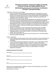 Document preview: Building Assessment Coordinator Certification of Proper Test Administration - Kentucky, 2022