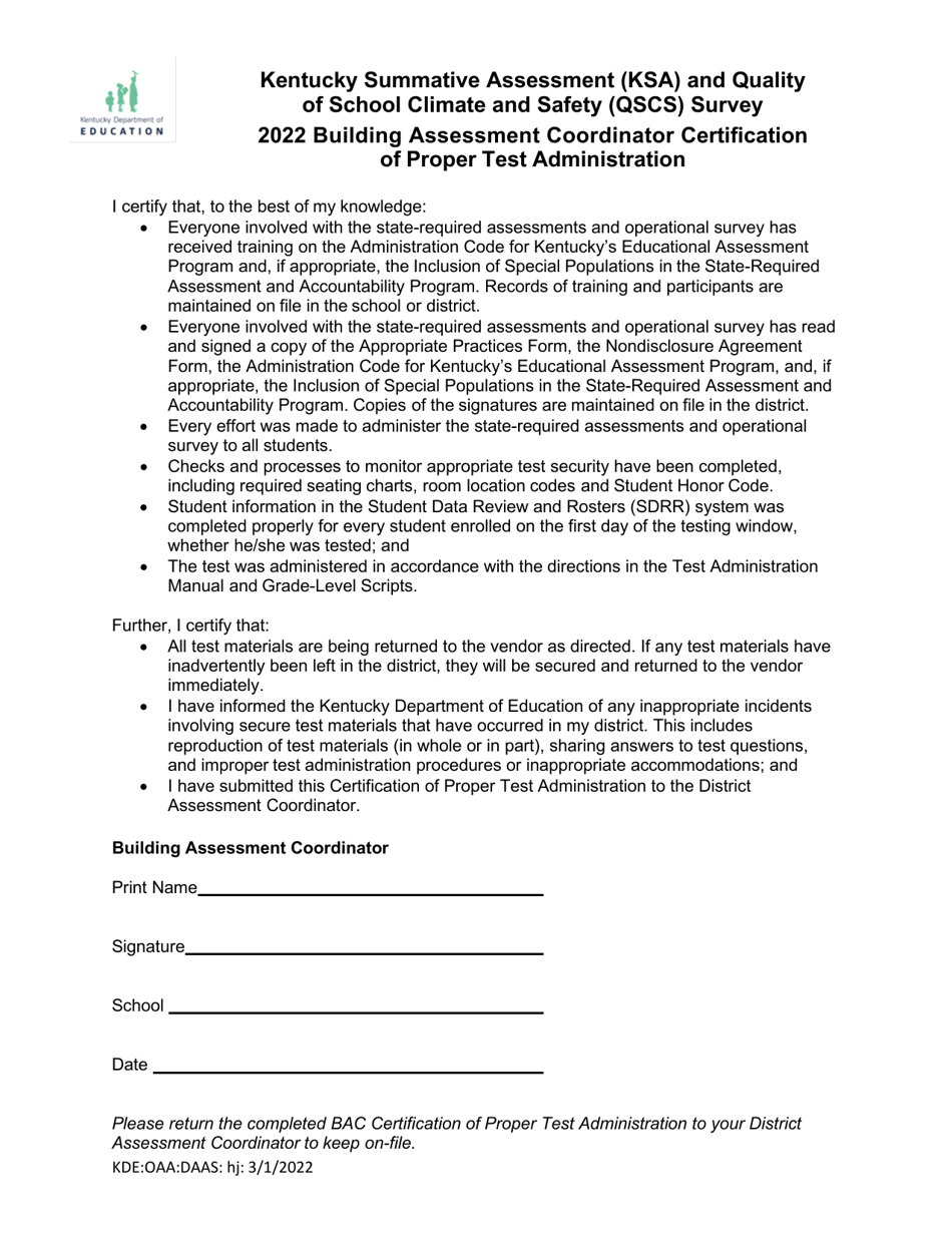 Building Assessment Coordinator Certification of Proper Test Administration - Kentucky, Page 1