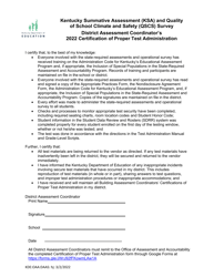 Document preview: District Assessment Coordinator's Certification of Proper Test Administration - Kentucky, 2022