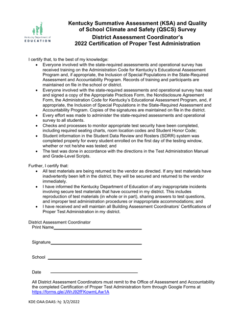 District Assessment Coordinator's Certification of Proper Test Administration - Kentucky, 2022
