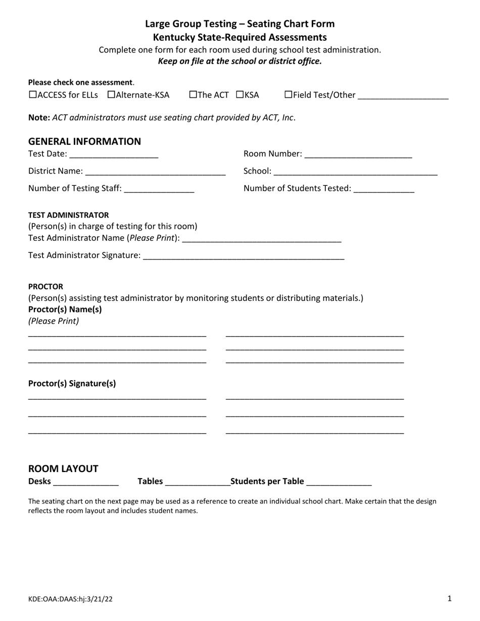 Large Group Testing - Seating Chart Form - Kentucky, Page 1