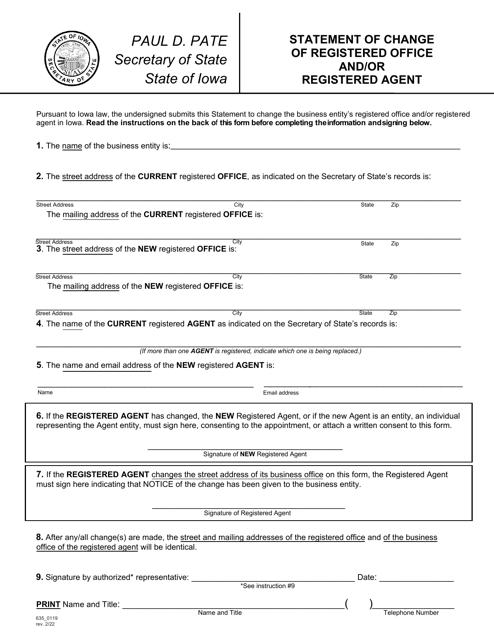 Form 635_0119 Statement of Change of Registered Office and/or Registered Agent - Iowa
